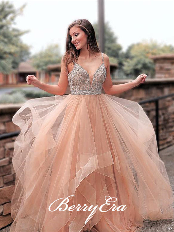 Spaghetti A-line Tulle Beaded Prom Dresses, Ball Gown, Long Prom Dresses