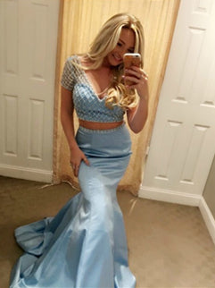 2 Pieces Long Mermaid Satin Prom Dresses, Long Prom Dresses, Prom Dresses