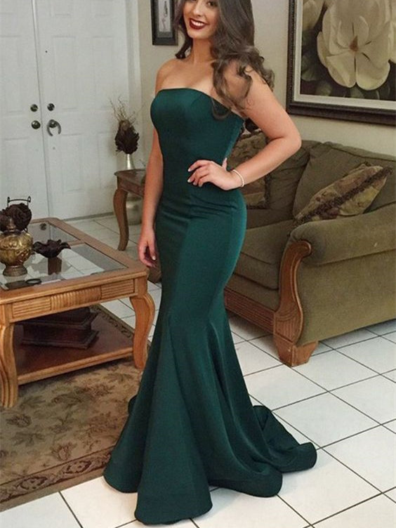 Strapless Emerald Green Mermaid Little Train Prom Dresses