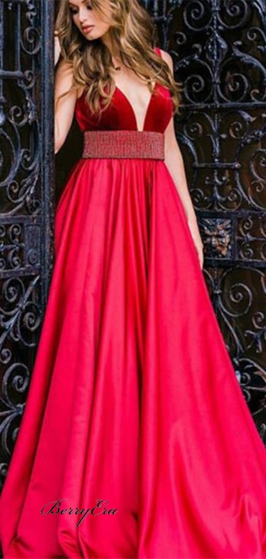 V-Neck Red Velvet Top Beaded Long Satin Prom Dresses Cheap Prom Dresses