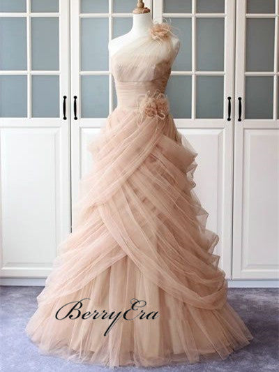 One Shoulder Long A-line Pale Pink Tulle Prom Dresses, Elegant Prom Dresses