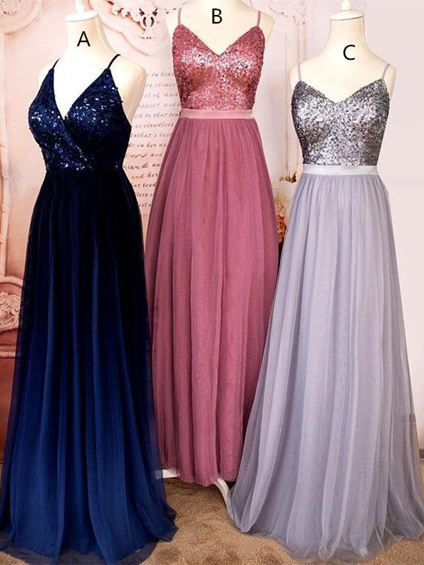 Spaghetti Long A-line Sequin Top Prom/Bridesmaid Dresses, Long Prom Dresses