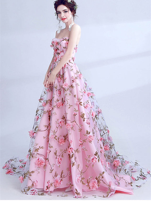 Strapless Long A-line Floral Prom Dresses, Elegant Formal Dresses