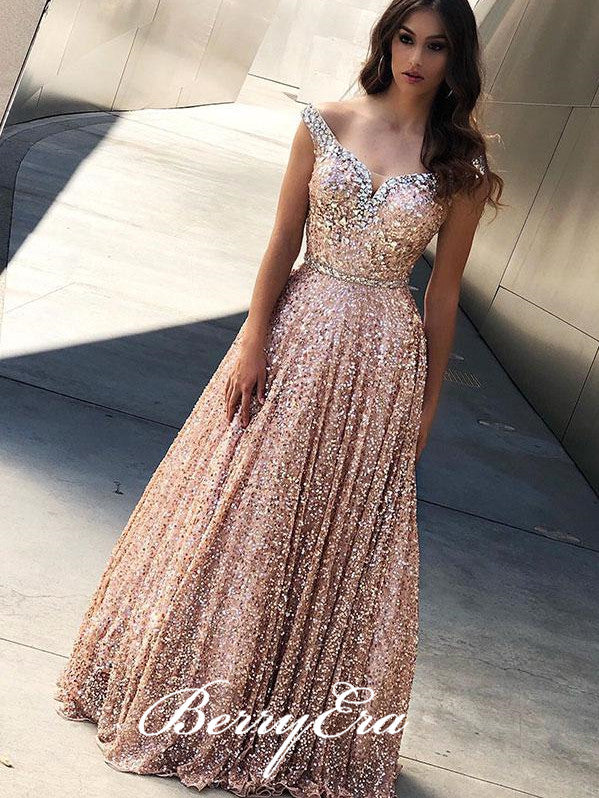 Off Shoulder Gliter Sequin Prom Dresses, A-line Rhinestone Prom Dresses, Long Prom Dresses