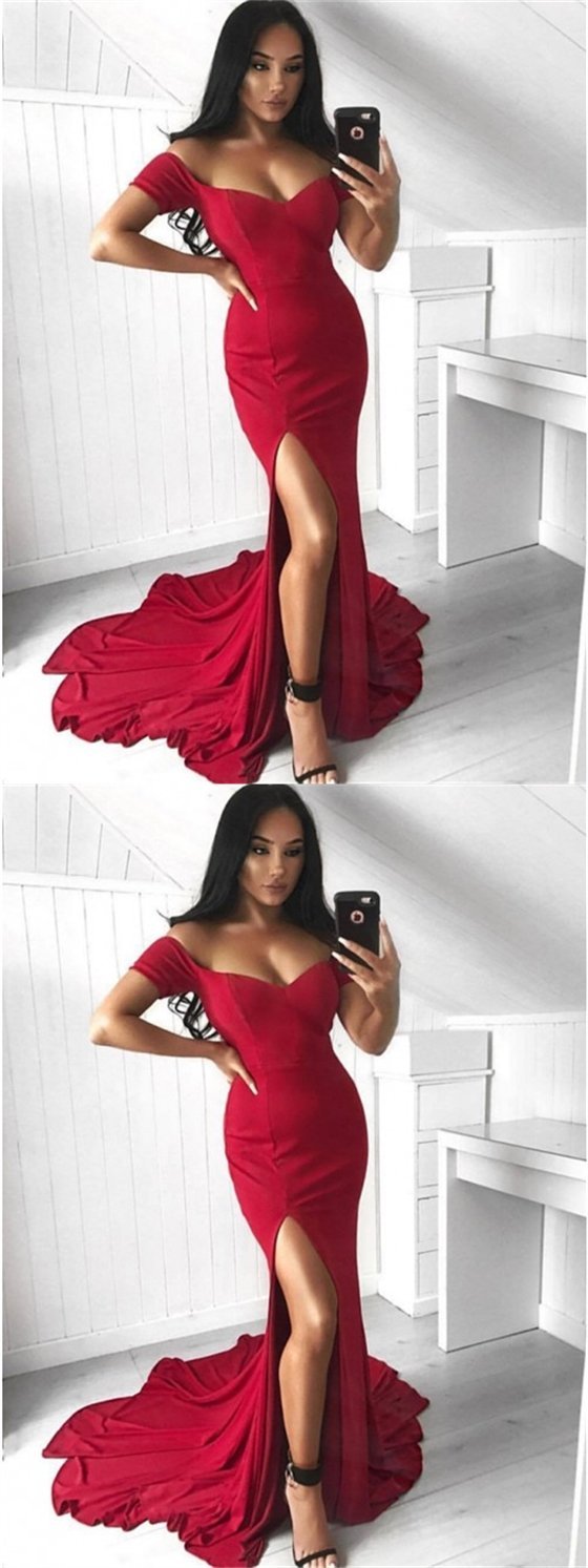 Off Shoulder Long Mermaid Side Slit Jersey Prom Dresses