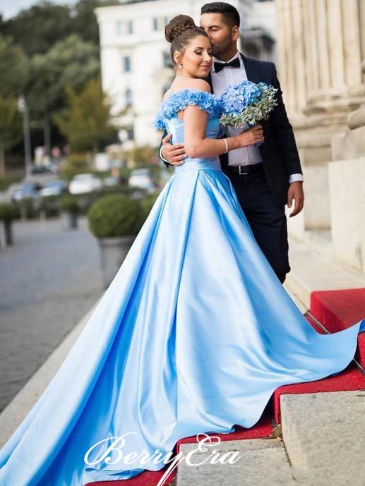 Off Shoulder Blue Satin Appliques Long Prom Dresses, Simple Prom Dresses