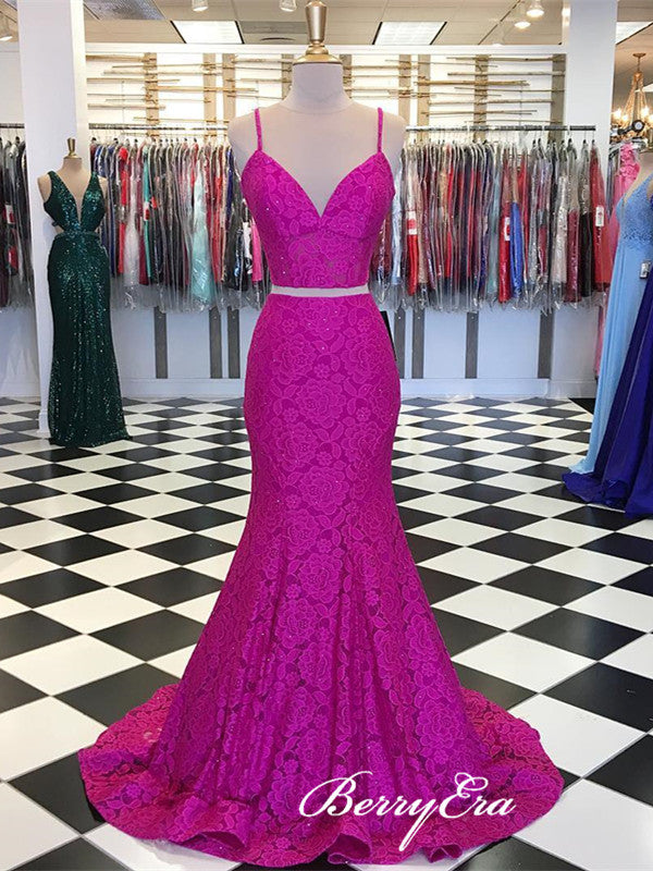 2 Pieces Hot Pink Long Lace Prom Dresses, Mermaid Prom Dresses, Beaded Prom Dresses