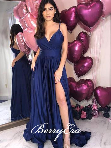 Spaghetti Navy Prom Dresses, Side Slit Prom Dresses, Elastic Satin Prom Dresses