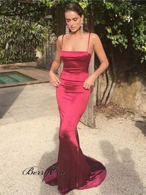 Straps Long Mermaid Red Elastic Satin Prom Dresses Cheap Prom Dresses