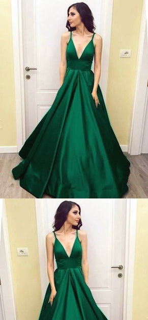 Spaghetti Long A-line Green Satin Prom Dresses