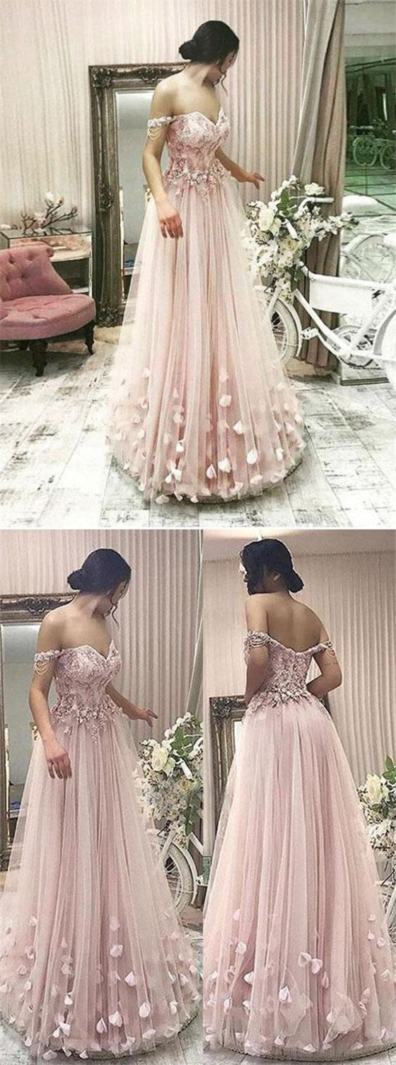 Off Shoulder Long A-line Lace Tulle Prom Dresses