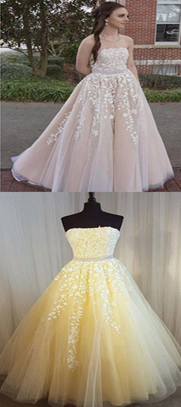 Strapless Long A-line Tulle Lace Beaded Prom Dresses