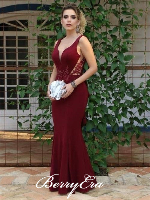 V-neck Burgundy Mermaid Jersey Lace Prom/Bridesmaid Dresses, Long Prom Dresses