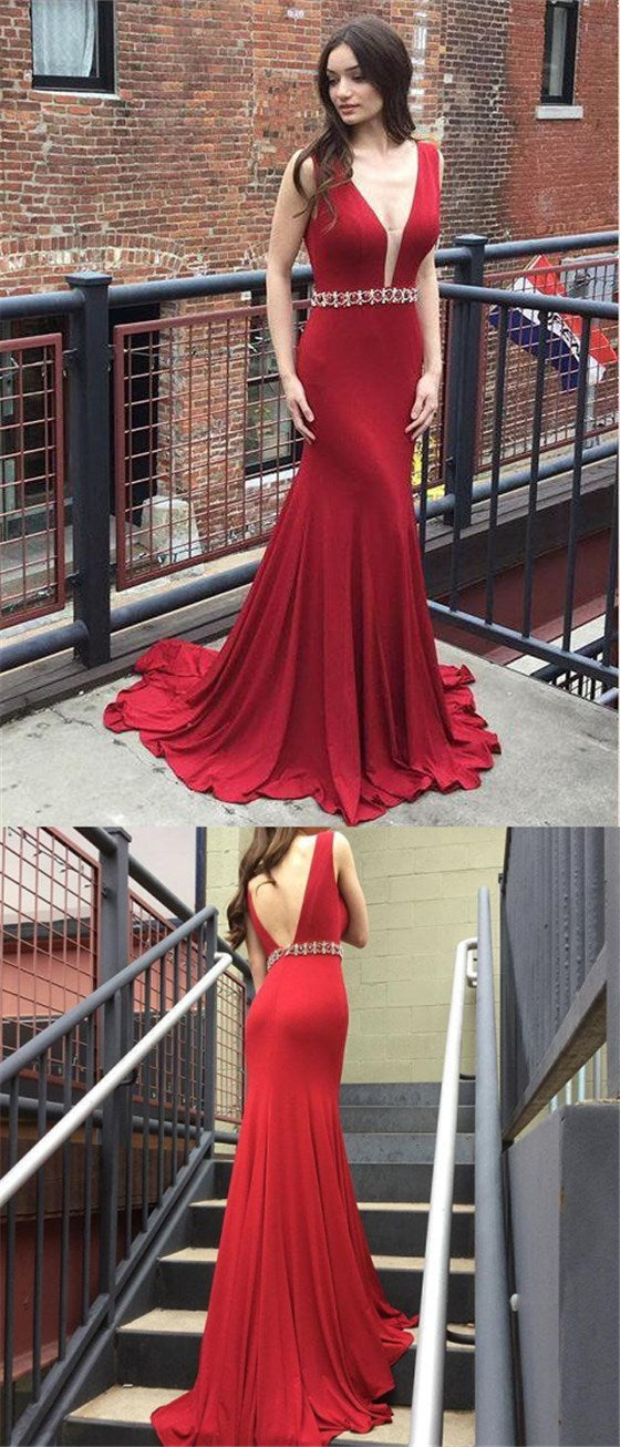 Sexy V-neck Red Jersey Rhinestone Prom Dresses