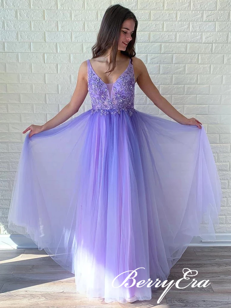 V-neck Purple Tulle Lace Appliques Prom Dresses, Gradient Prom Dresses, Affordable Prom Dresses