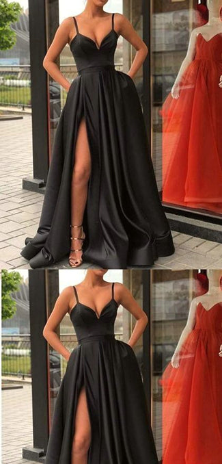 Spaghetti Long A-line Side Slit Black Satin Prom Dresses