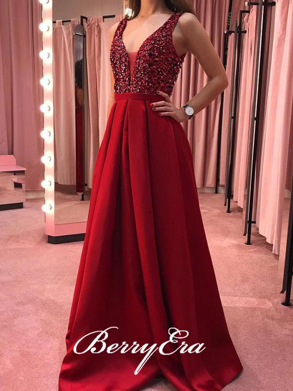 V-neck Red Satin Beaded Prom Dresses, Affordable Long Prom Dresses