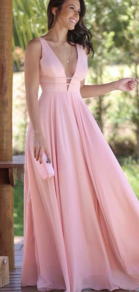 V-neck Light Pink Chiffon Prom Dresses, Cheap Prom Dresses