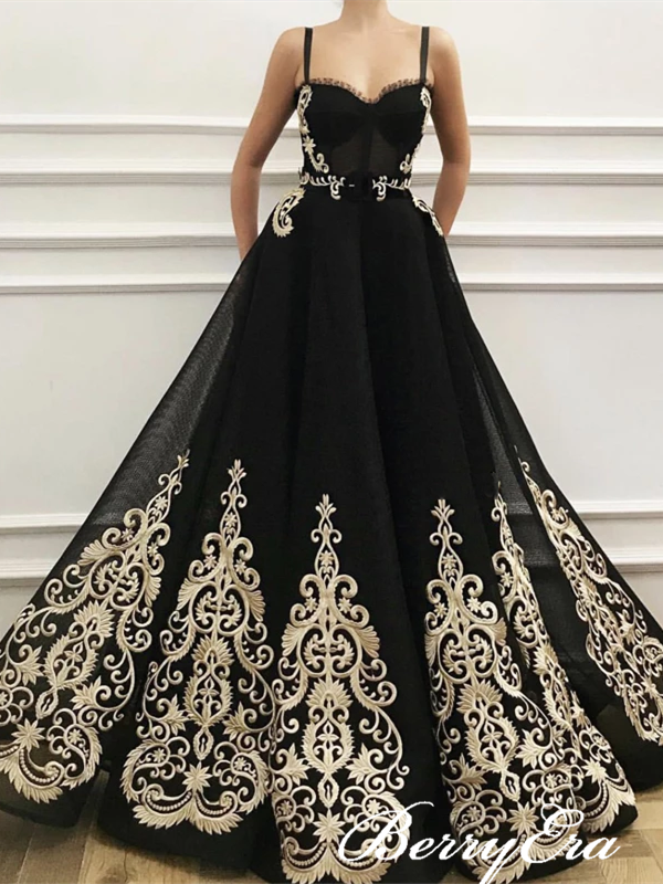 Straps Black Tulle Lace Prom Dresses, Elegant Long Prom Dresses, New Arrival Prom Dresses