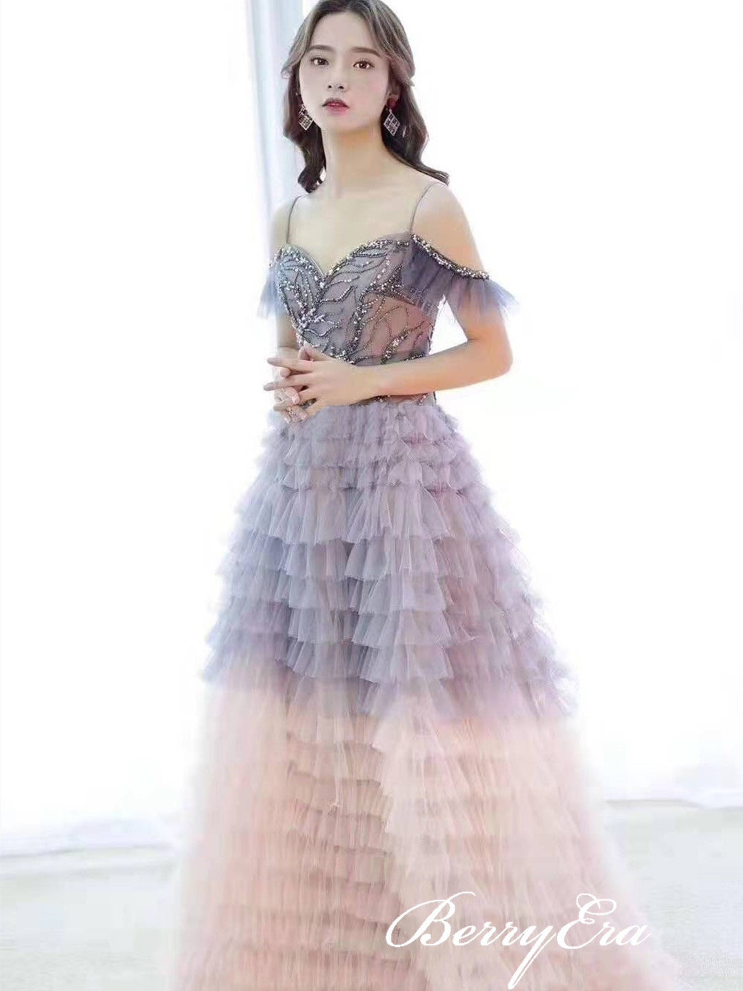 Off Shoulder Long A-line Gradient Tulle Prom Dresses, Beaded Long 2020 Prom Dresses, Prom Dresses