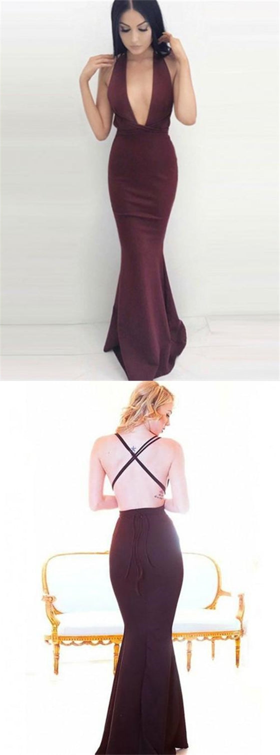 Sexy V-neck Long Mermaid Maroon Prom Dresses