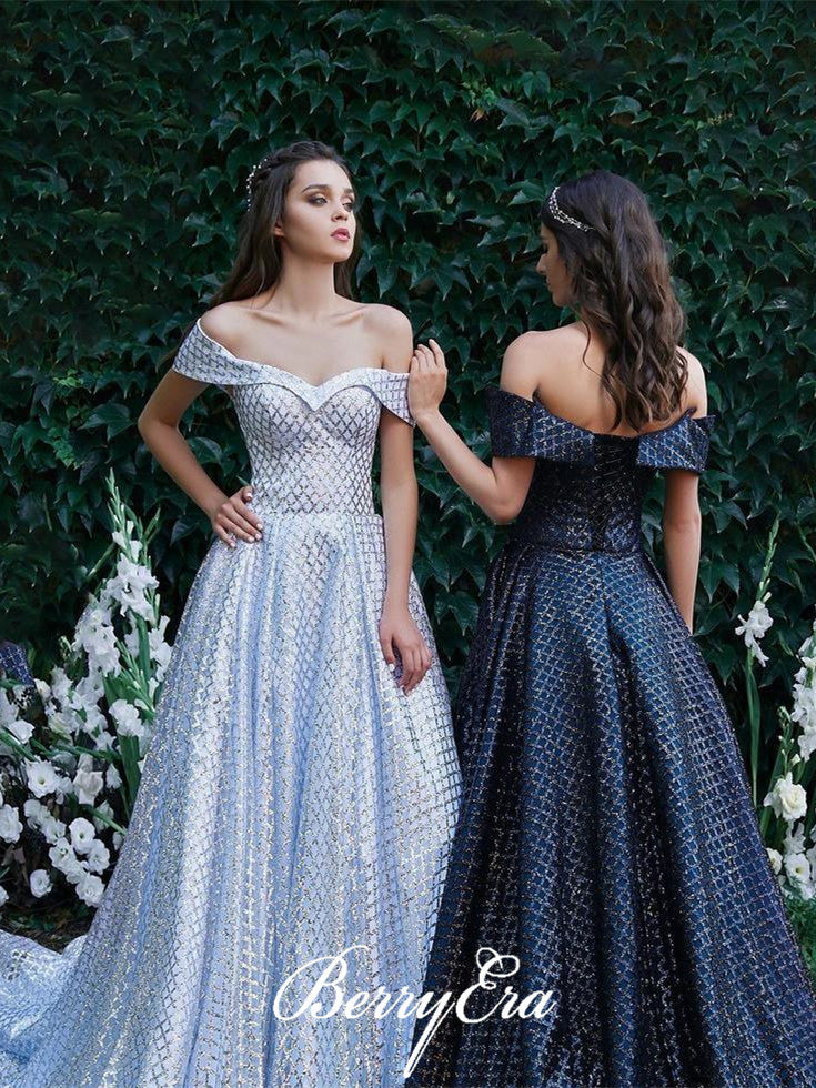 Off Shoulder Special Sequin Tulle A-line Prom Prom Dresses