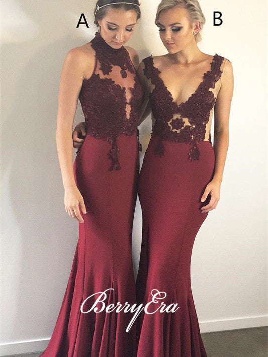 Maroon Jersey Mermaid Lace Long Prom Dresses, Newest Prom Dresses