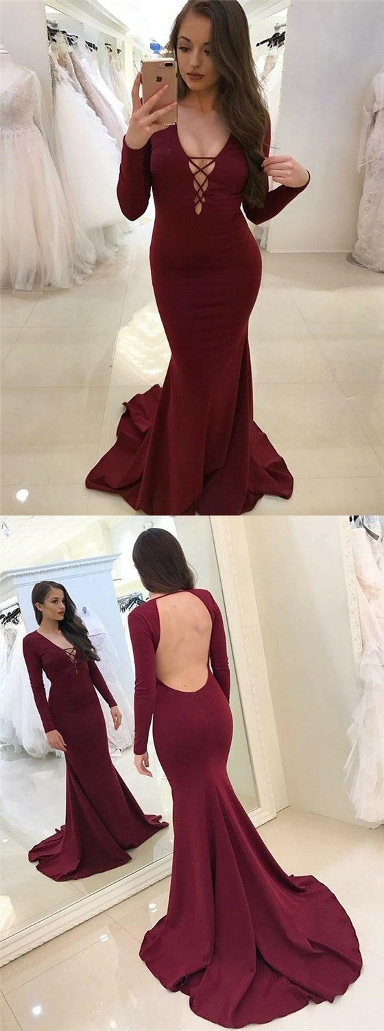 Long Sleeves Maroon Jersey Mermaid Prom Dresses