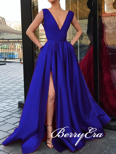 V-neck Royal Blue Satin Prom Dresses, Side Slit Prom Dresses, Long Prom Dresses, Affordable Prom Dresses