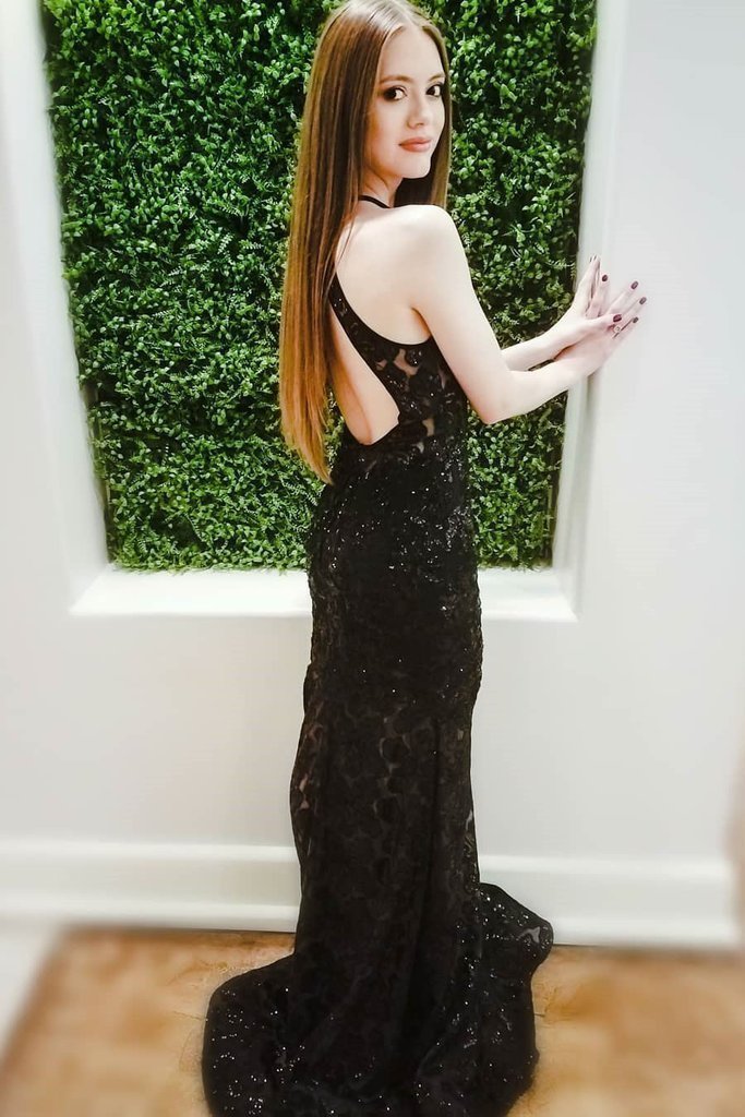 Sexy Black Mermaid Lace Beaded Prom Dresses