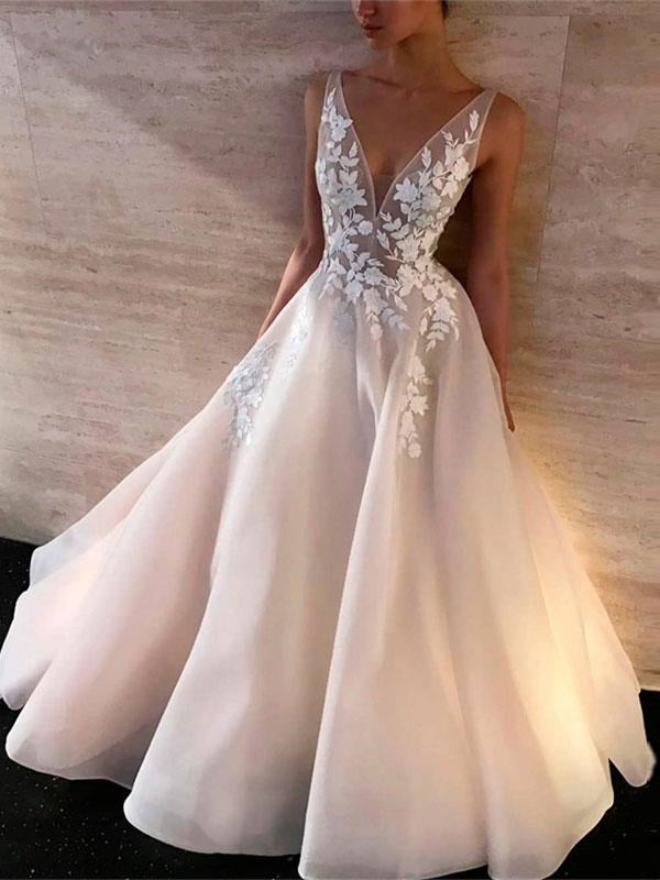 V-neck Long A-line Organza Appliques Prom Dresses, Popular Prom Dresses, Prom Dresses