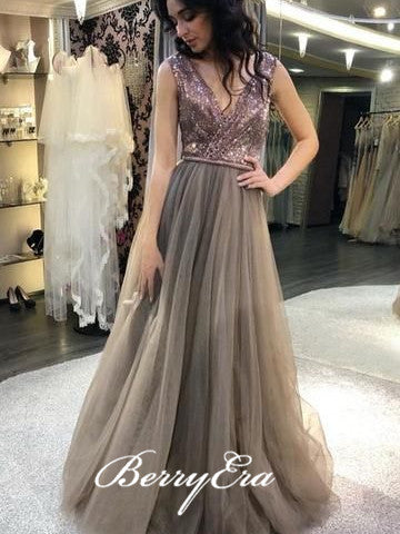 V-neck Seqauin Top Tulle Prom Dresses, Bridesmaid Dresses, Long Prom Dresses