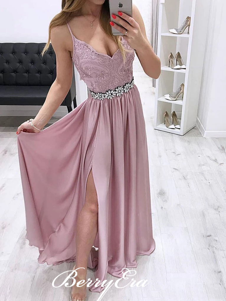 Spaghetti Long Prom Dresses, Lace Elastic Satin Prom Dresses, Dusty Rose Prom Dresses