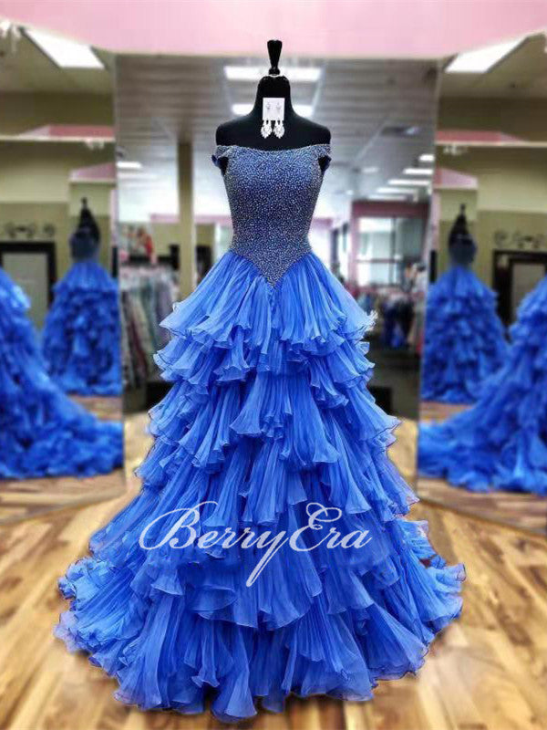 Off Shoulder Beaded Chiffon Prom Dresses, Princess Ball Gown, Popular Prom Dresses