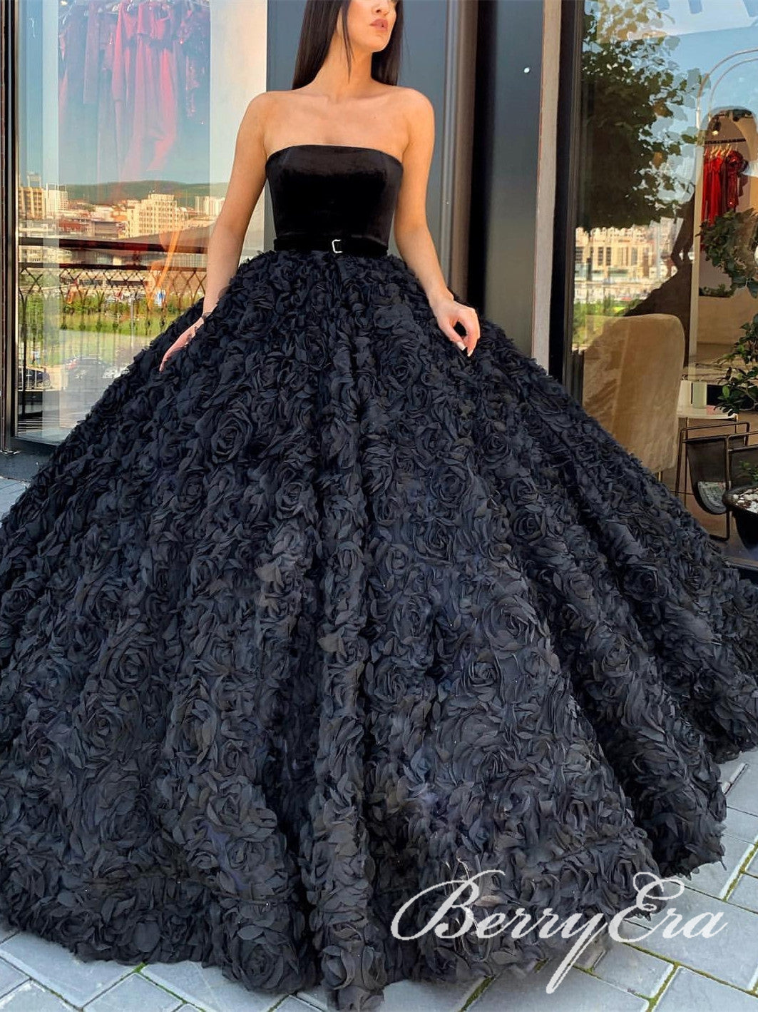 Strapless Long A-line Black 3D Flower Velvet Top Prom Dresses, Ball Gown, Luxury Prom Dresses