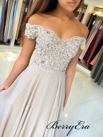 Off Shoulder Grey Lace Beaded Prom Dresses, Long Prom Dresses