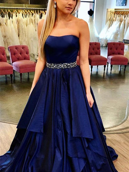 Strapless Navy Satin Beaded Prom Dresses, Long Prom Dresses, Affordable Prom Dresses