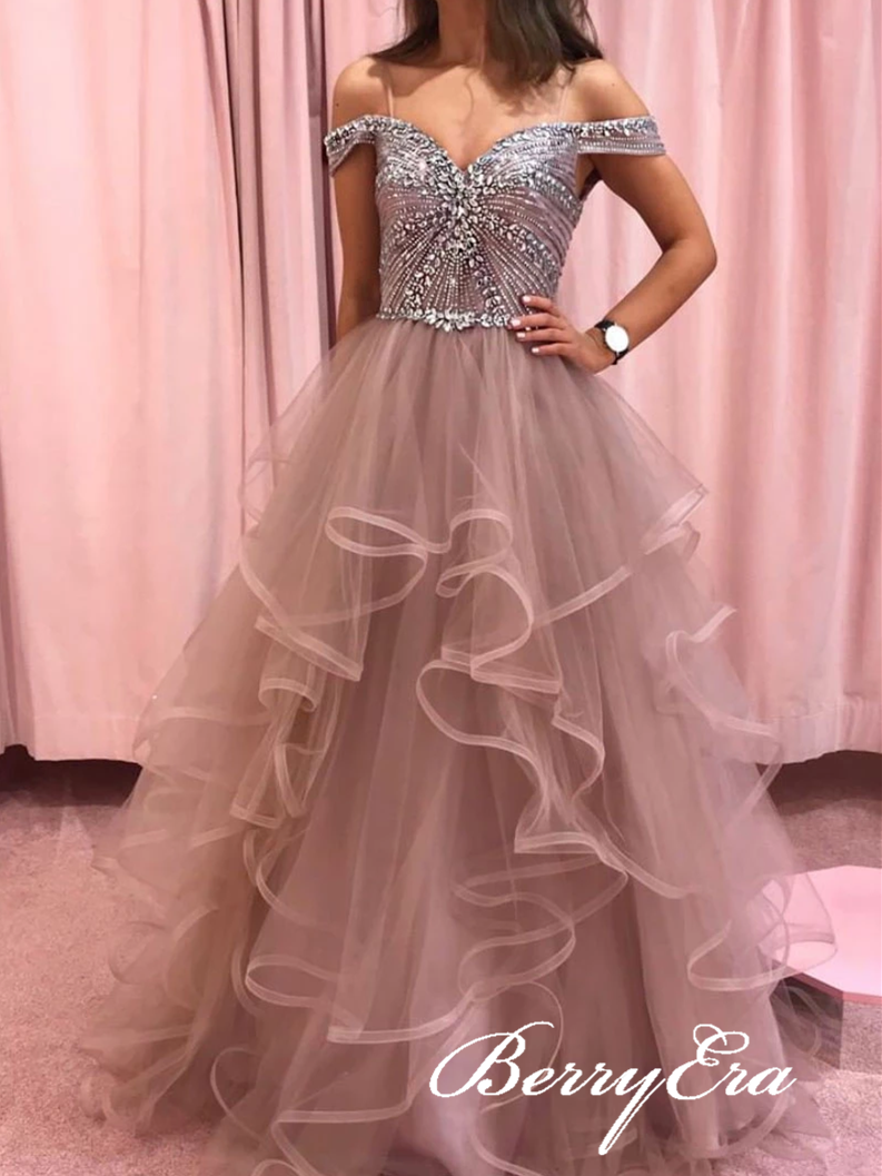 Off Shoulder Rhinestone Beaded Long A-line Prom Dresses, Tulle Prom Dresses, Popular Prom Dresses