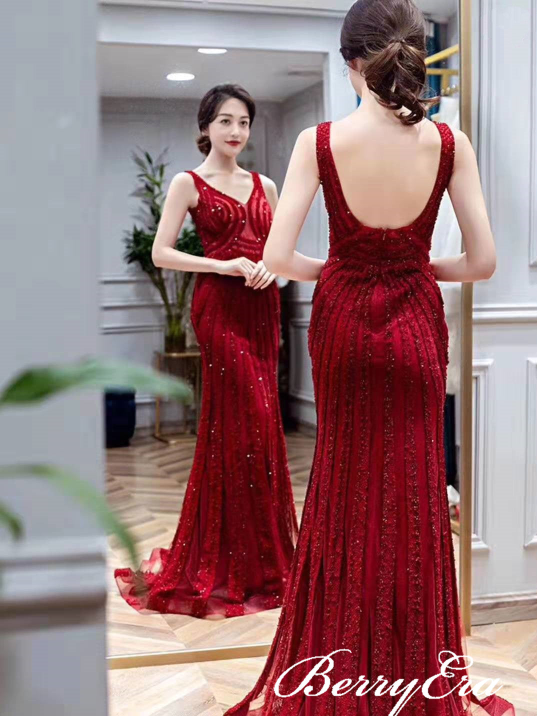 V-neck Red Beaded Long Mermaid Prom Dresses, Long Prom Dresses, Mermaid Prom Dresses