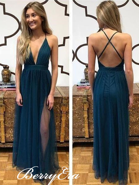 Deep V-neck Tulle A-line Prom Dresses, Simple Prom Dresses