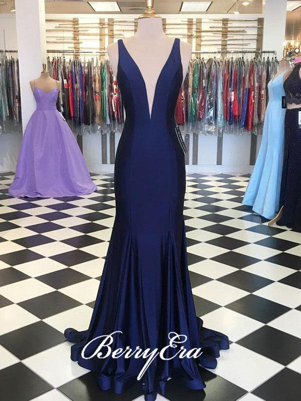 V-neck Navy Mermaid Long Elastic Satin Prom Dresses