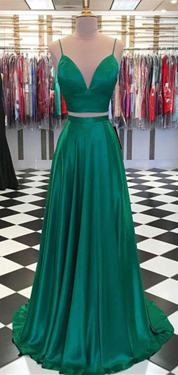 2 Pieces Green Satin Prom Dresses, Simple Lovely Dresses With Bow