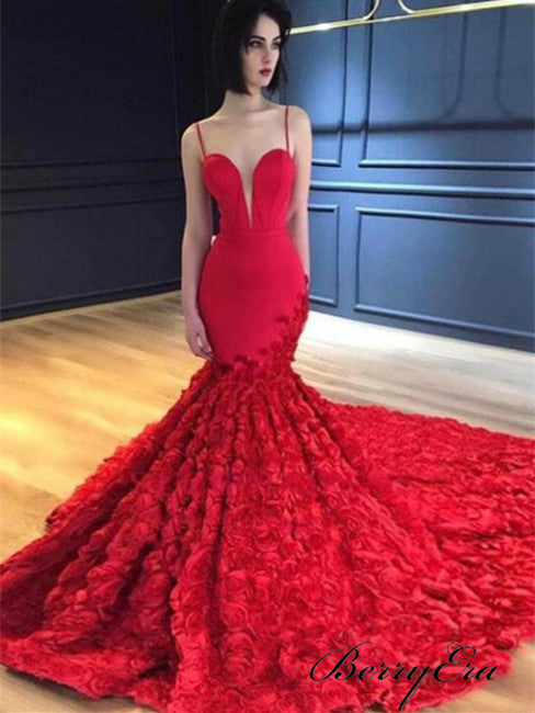 Spaghetti Red Mermaid 3D Floral Prom Dresses, Long Prom Dresses, Gorgeous Prom Dresses