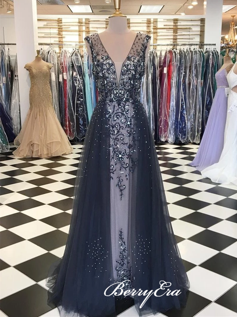 V-neck Gorgeous Rhinestone Beaded Long Prom Dresses, Luxury Prom Dresses, Long Prom Dresses