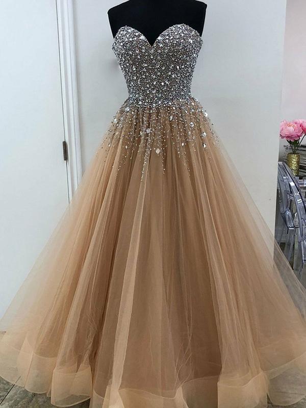 Sweetheart Long A-line Rhinestone Beaded Tulle Prom Dresses, Prom Dresses