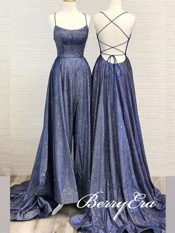 Shiny Long A-line Glitter Prom Dresses, Side Slit Prom Dresses, Simple Lace Up Prom Dresses