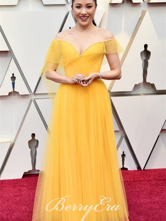 Constance Wu Off Shoulder Yellow Tulle Prom Dresses, Long Prom Dresses, Celebrity Dresses