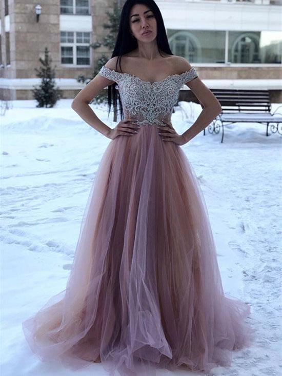 Off Shoulder Lace Top Tulle Prom Dresses, Affordable Prom Dresses, Long Prom Dresses