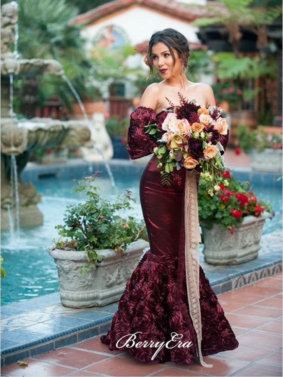 Off Shoulder Long Sleeves Elastic Satin Floral Dresses, Long Prom Dresses, Prom Dresses