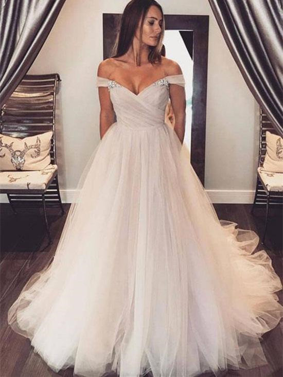 Off Shoulder Tulle Beaded Prom Dresses, Elegant Prom Dresses, Long Prom Dresses